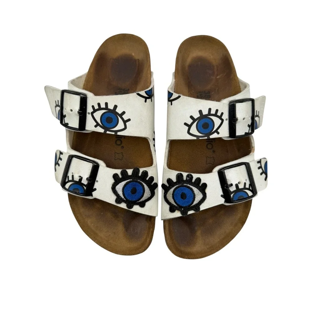 Papillio Birkenstock Arizona Platform Sandals Women 7 White Leather Evil Eye - Picture 3 of 11